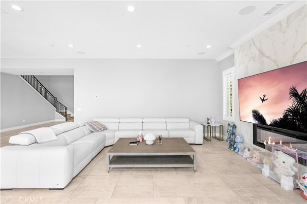 Fireplace, Interior, Living room, Marble Walls, Recessed Lighting