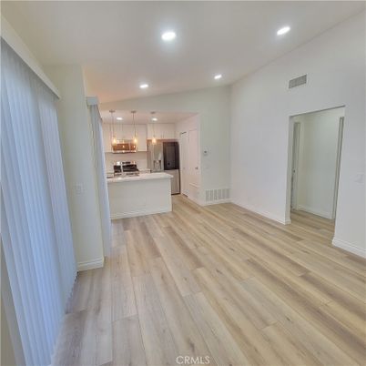 Empty room, Interior, Kitchen, Pendant Lights, Recessed Lighting, Wood Texture Flooring