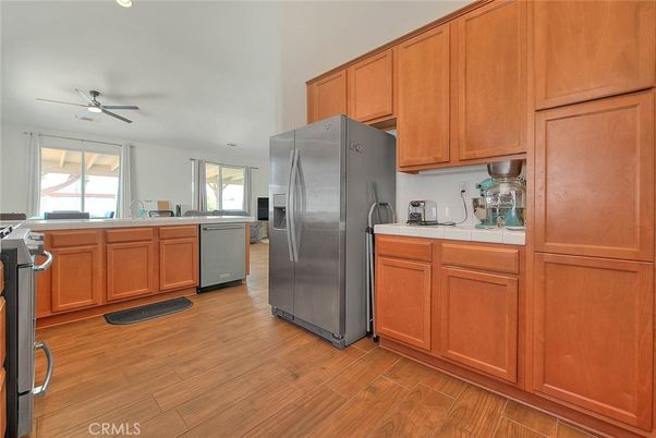 Interior, Kitchen, Tile Countertops, Wood Texture Flooring