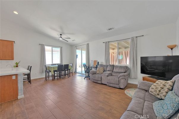 Dining room, Interior, Living room, Recessed Lighting, Wood Texture Flooring