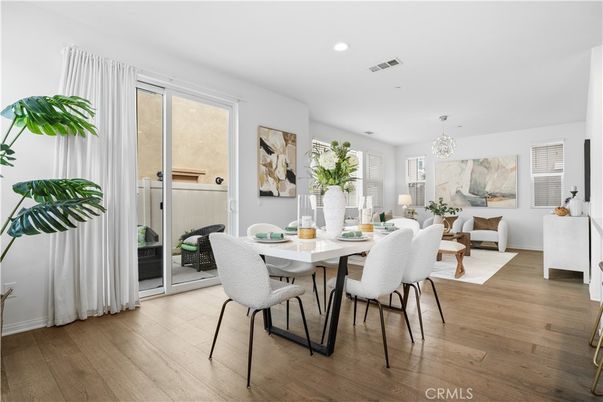 Dining room, Interior, Living room, Recessed Lighting, Wood Texture Flooring