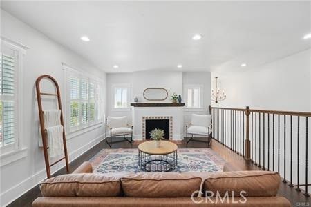 Fireplace, Interior, Living room, Pendant Lights, Recessed Lighting, Wood Texture Flooring