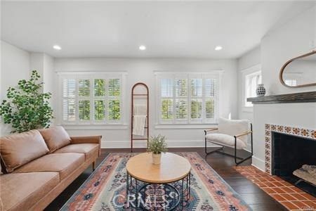 Fireplace, Interior, Living room, Recessed Lighting, Wood Texture Flooring