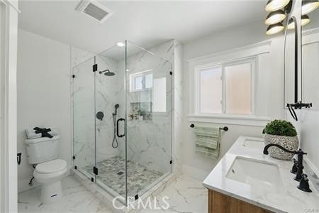 Bathroom, Glass Shower, Interior, Marble, Marble Walls, Recessed Lighting