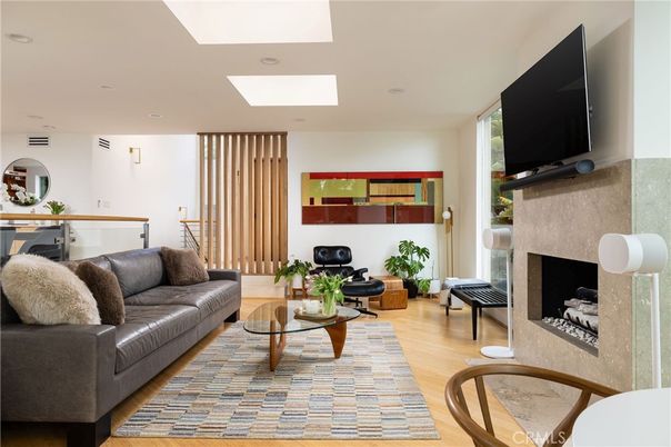 Fireplace, Interior, Living room, Recessed Lighting, Wood Texture Flooring