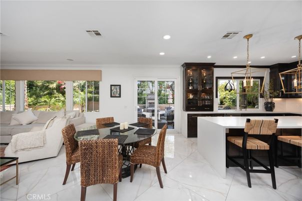 Dining room, Interior, Living room, Marble, Pendant Lights, Recessed Lighting