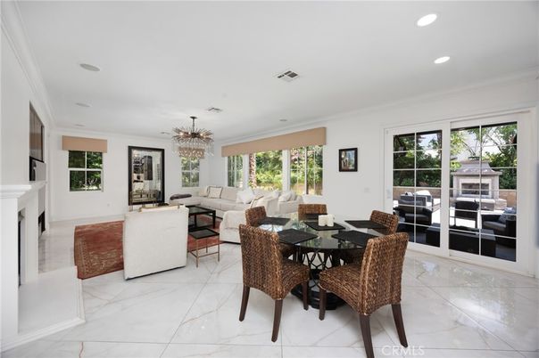 Dining room, Fireplace, Interior, Living room, Marble, Pendant Lights, Recessed Lighting