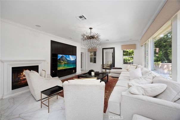 Chandelier, Fireplace, Interior, Living room, Marble, Recessed Lighting
