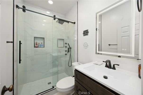 Bathroom, Glass Shower, Interior, Marble Walls, Recessed Lighting