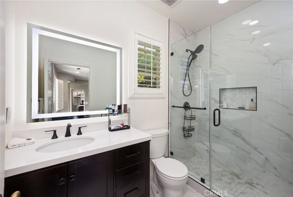 Bathroom, Glass Shower, Interior, Marble Walls, Recessed Lighting