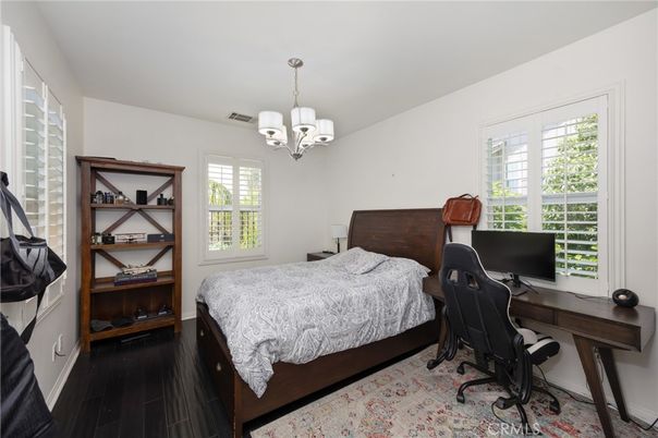 Bedroom, Chandelier, Home Office, Interior, Wood Texture Flooring
