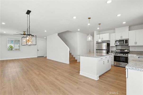 Interior, Kitchen, Pendant Lights, Recessed Lighting, Stainless Steel Appliances, Wood Texture Flooring