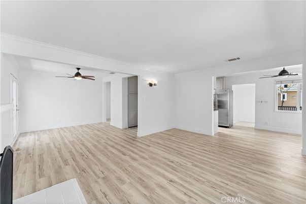 Empty room, Interior, Kitchen, Stainless Steel Appliances, Wood Texture Flooring