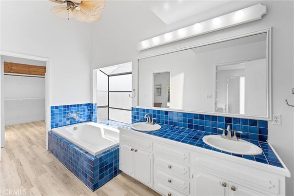 Bathroom, Dual Sink Vanities, Interior, Tile Countertops, Wood Texture Flooring