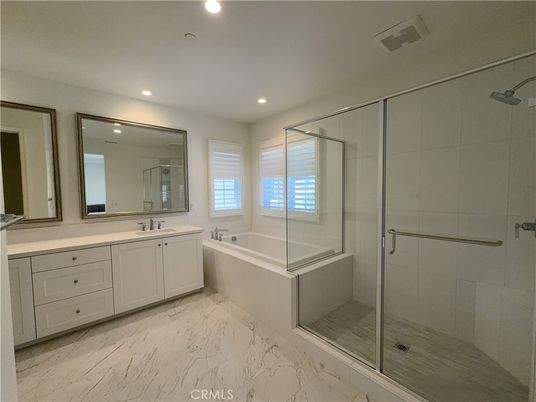 Bathroom, Dual Sink Vanities, Free Standing Baths, Glass Shower, Interior, Marble, Recessed Lighting