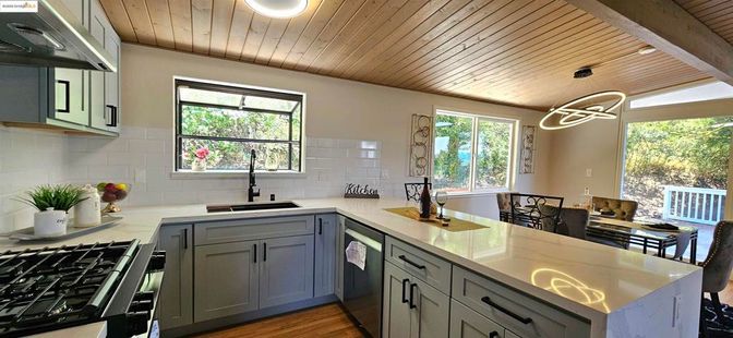 Interior, Kitchen, Pendant Lights, Recessed Lighting, Wooden Ceilings, Wood Texture Flooring