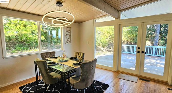 Dining room, Interior, Pendant Lights, Wooden Ceilings, Wood Texture Flooring