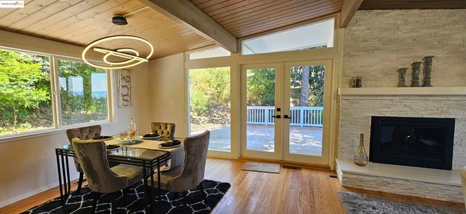 Dining room, Fireplace, Interior, Pendant Lights, Stone Walls, Wooden Ceilings, Wood Texture Flooring