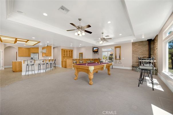 Billiard Table, Game Room, Interior, Recessed Lighting, Stone Walls