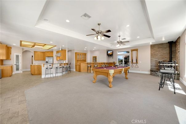 Billiard Table, Game Room, Interior, Recessed Lighting, Stone Walls