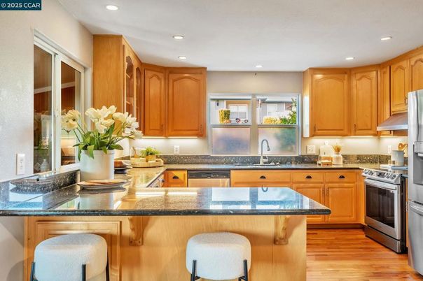Interior, Kitchen, Recessed Lighting, Stainless Steel Appliances, Wood Texture Flooring