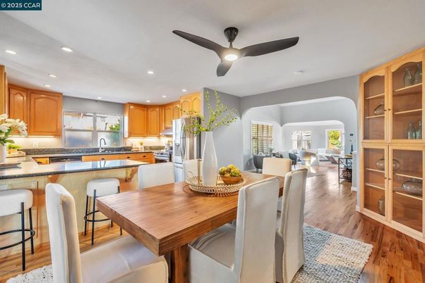 Dining room, Interior, Kitchen, Living room, Recessed Lighting, Stainless Steel Appliances, Wood Texture Flooring