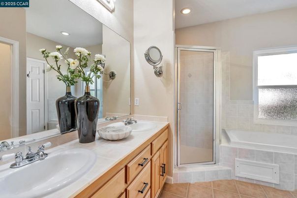 Bathroom, Dual Sink Vanities, Glass Shower, Interior, Recessed Lighting, Tile Countertops