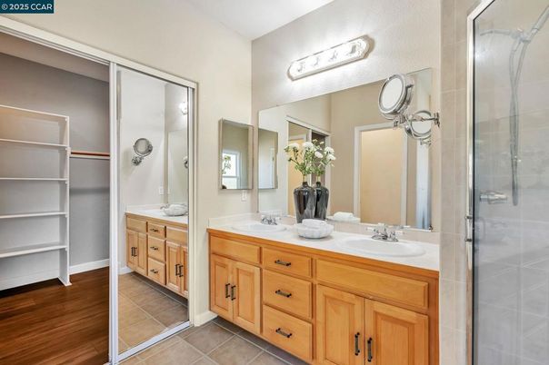 Bathroom, Dual Sink Vanities, Glass Shower, Interior, Wood Texture Flooring