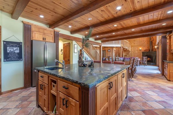 Fireplace, Interior, Kitchen, Recessed Lighting, Stainless Steel Appliances, Wooden Beams, Wooden Ceilings, Wooden Walls