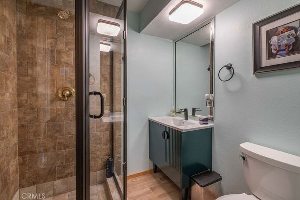 Bathroom, Glass Shower, Interior, Wood Texture Flooring