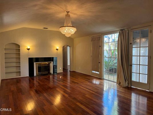 Chandelier, Empty room, Fireplace, Interior, Wood Texture Flooring