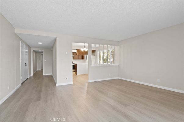 Empty room, Interior, Kitchen, Recessed Lighting, Wood Texture Flooring