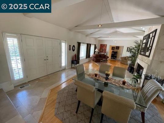 Dining room, Fireplace, Interior, Living room, Pendant Lights, Wood Texture Flooring