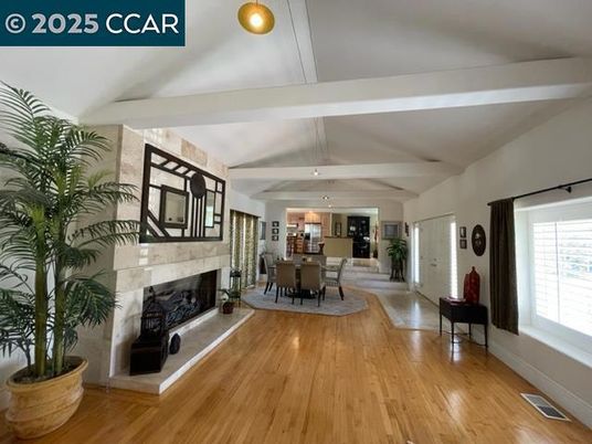 Dining room, Fireplace, Interior, Pendant Lights, Wood Texture Flooring