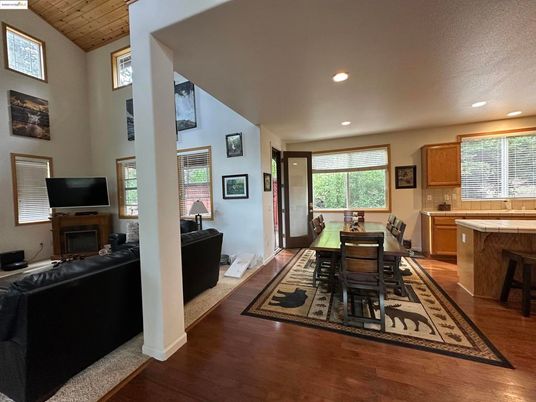 Dining room, Interior, Kitchen, Living room, Recessed Lighting, Wooden Ceilings, Wood Texture Flooring