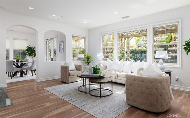 Dining room, Interior, Living room, Recessed Lighting, Wood Texture Flooring