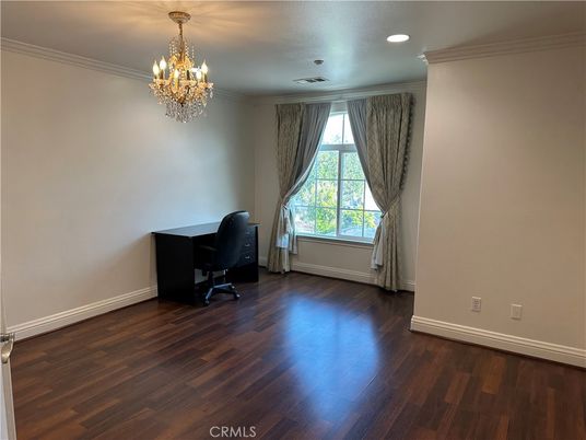 Chandelier, Home Office, Interior, Recessed Lighting, Wood Texture Flooring