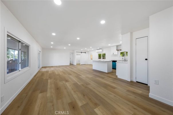 Empty room, Interior, Kitchen, Pendant Lights, Recessed Lighting, Wood Texture Flooring