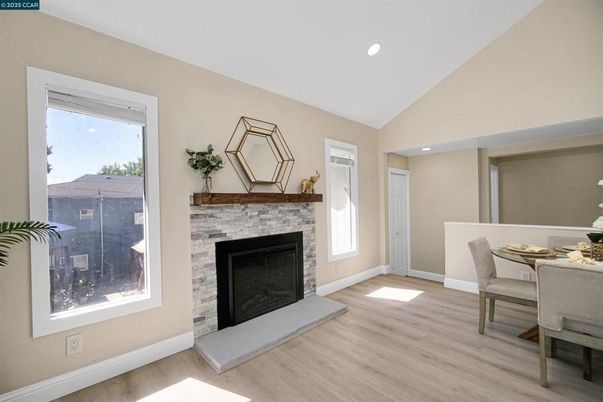 Dining room, Fireplace, Interior, Recessed Lighting, Wood Texture Flooring