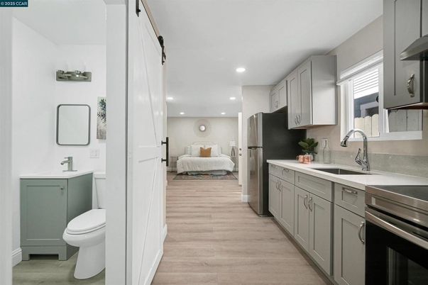 Interior, Kitchen, Recessed Lighting, Wood Texture Flooring
