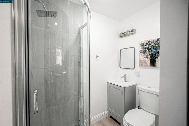 Bathroom, Glass Shower, Interior, Wood Texture Flooring
