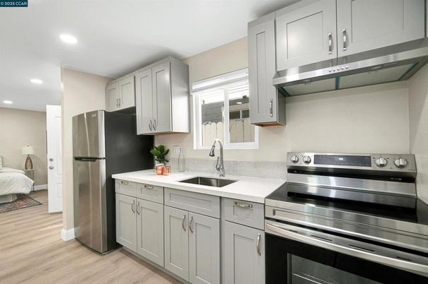 Bedroom, Interior, Kitchen, Recessed Lighting, Stainless Steel Appliances, Wood Texture Flooring