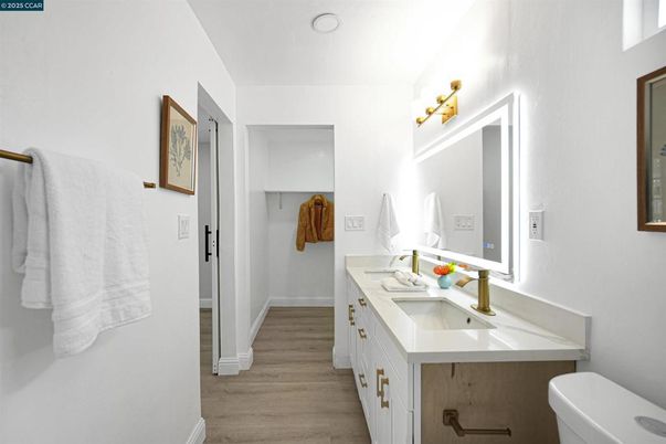 Bathroom, Dual Sink Vanities, Interior, Wood Texture Flooring