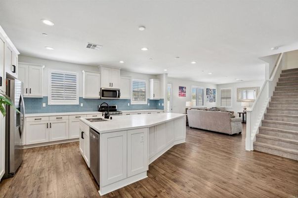 Interior, Kitchen, Living room, Recessed Lighting, Stainless Steel Appliances, Wood Texture Flooring