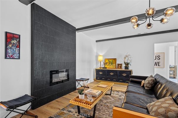 Fireplace, Interior, Living room, Pendant Lights, Wood Texture Flooring