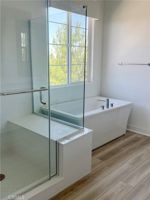 Bathroom, Free Standing Baths, Glass Shower, Interior, Wood Texture Flooring