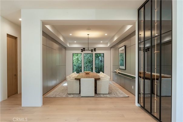 Dining room, Interior, Pendant Lights, Recessed Lighting, Wood Texture Flooring