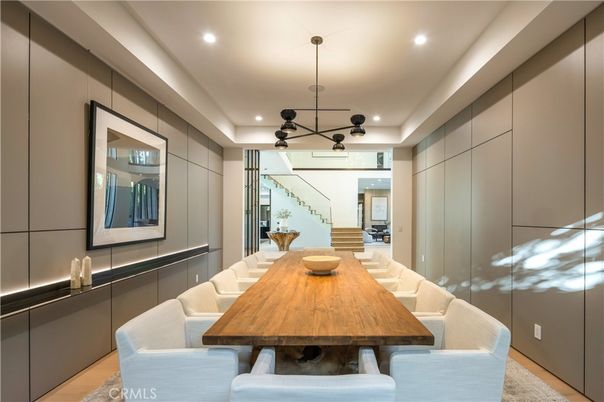 Dining room, Interior, Pendant Lights, Recessed Lighting, Wood Texture Flooring