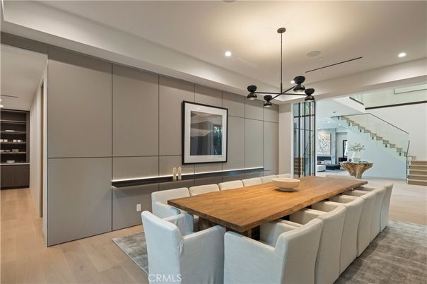 Dining room, Interior, Pendant Lights, Recessed Lighting, Wood Texture Flooring