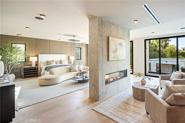 Bedroom, Fireplace, Interior, Living room, Marble Walls, Pendant Lights, Recessed Lighting, Wood Texture Flooring